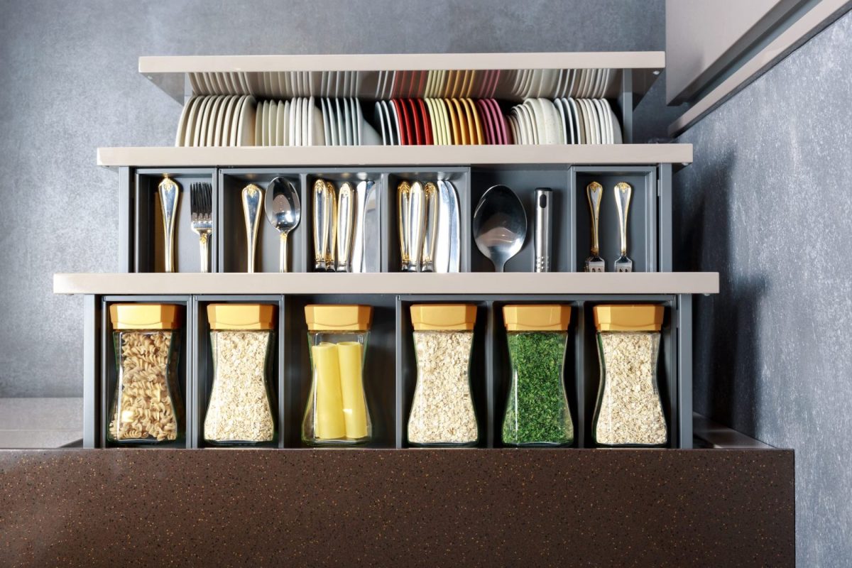 Spices and grains on a modern rack