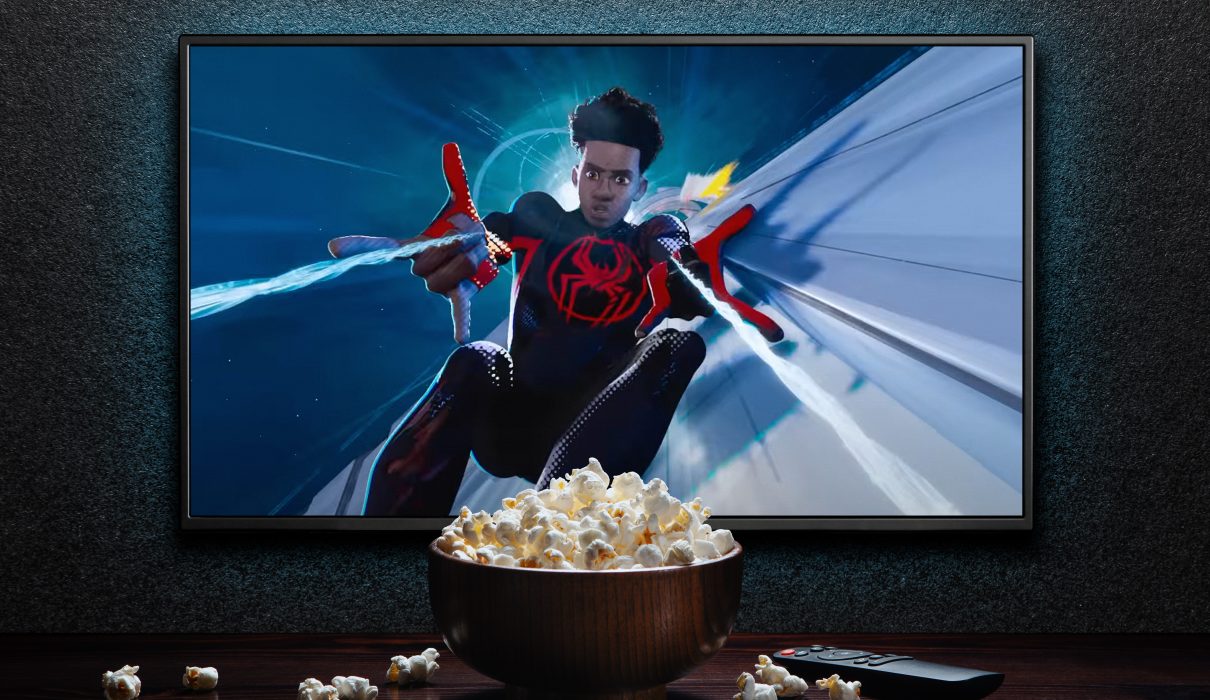 Tv,Screen,Playing,Spider-man,Across,The,Spider-verse,Trailer,Or,Movie.
