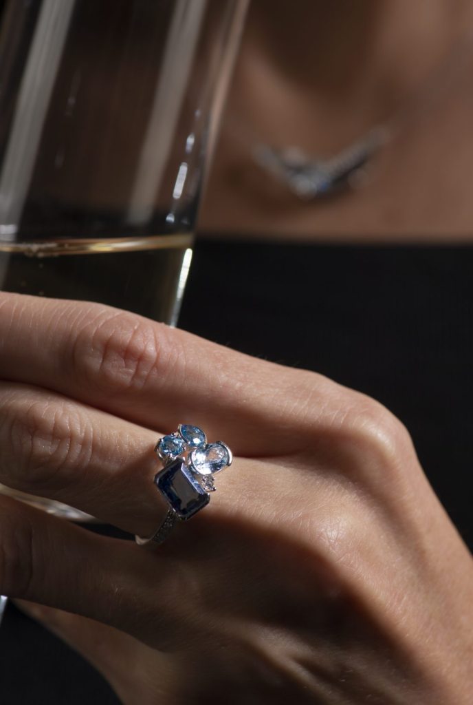 Multi-blue topaz and diamond 14-karat white gold ring