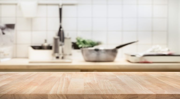 Wood,Table,Top,On,Blur,Kitchen,Room,Background,.for,Montage