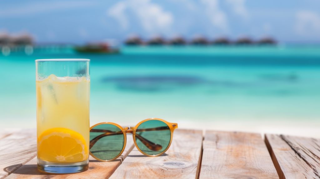 sunglasses,and,tropical,cocktail,on,beach,table,,clear,sky,,turquoise