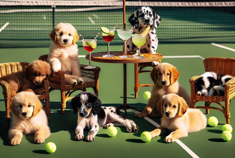 puppies,having,cocktails,by,tennis,courts,relaxing