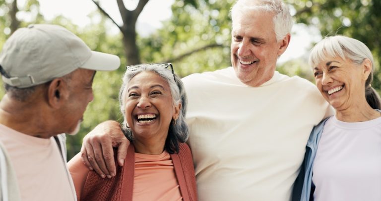 old,people,,fitness,or,laugh,in,park,with,hug,,retirement